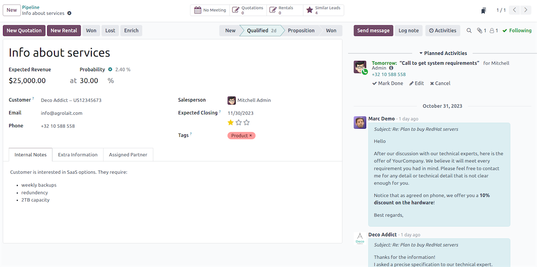 Odoo CRM — управление сделками и клиентами